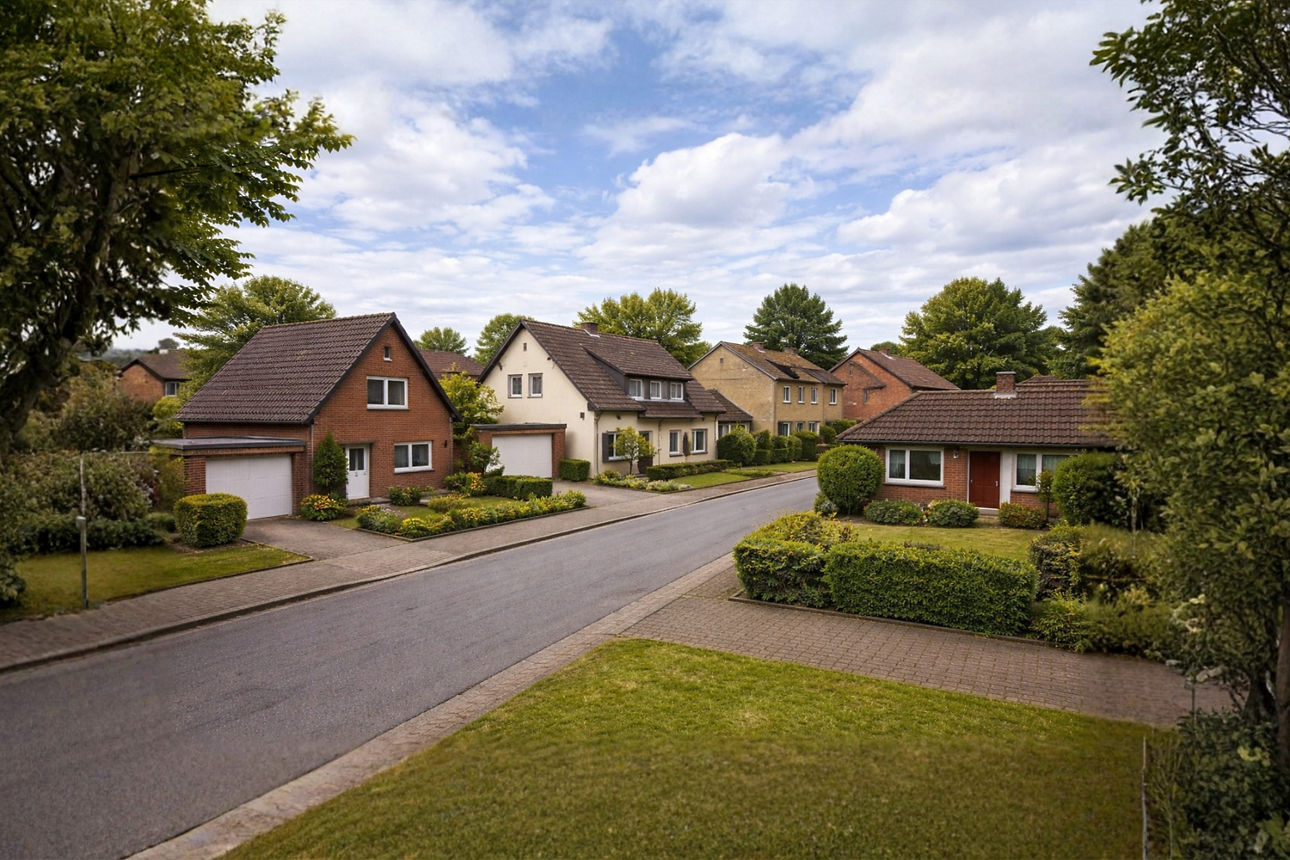 Foto einer Wohnsiedlung mit verschiedenen Häusern