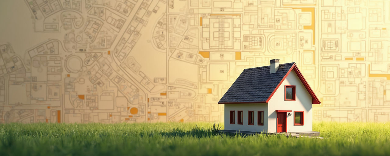 Illustration represents new home concept, vacant land for building. Construction industry, residential area with cadastral map background. Building permit, zoning regulations property project