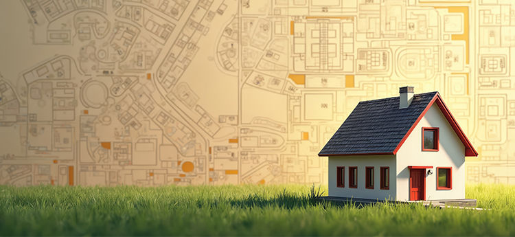 Illustration represents new home concept, vacant land for building. Construction industry, residential area with cadastral ma