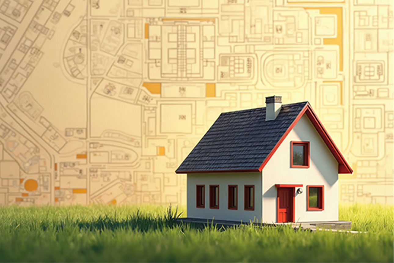 Illustration represents new home concept, vacant land for building. Construction industry, residential area with cadastral ma