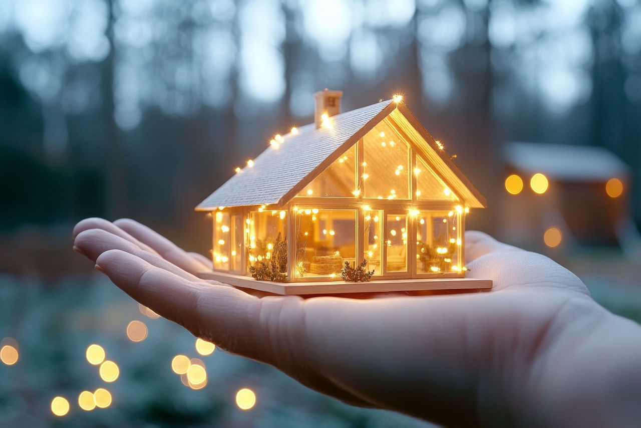 Ein leuchtendes Miniaturhaus auf der Handfläche und ein natürlicher Blickfang.