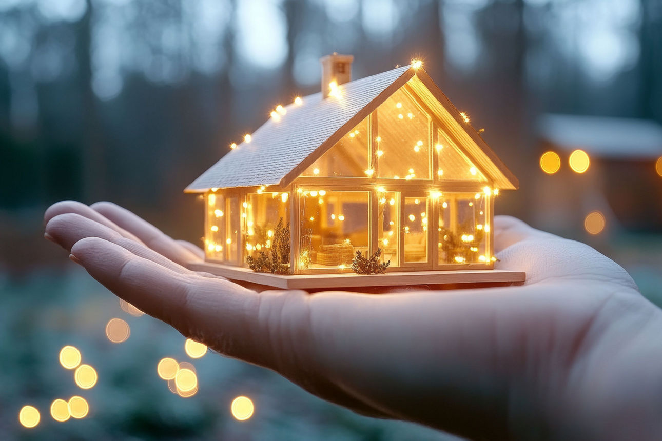 Ein leuchtendes Miniaturhaus auf der Handfläche und ein natürlicher Blickfang.
