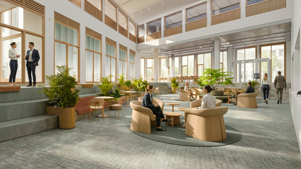 Die offene Kundenhalle mit integriertem Work Café in der neuen Hauptstelle der Volksbank im Münsterland. 