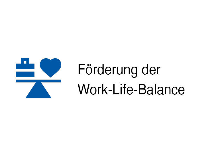 Ein Icon von einer Waage, auf der links ein Aktenkoffer und rechts ein Herz ist; danben Förderung der Work-Life-Balance