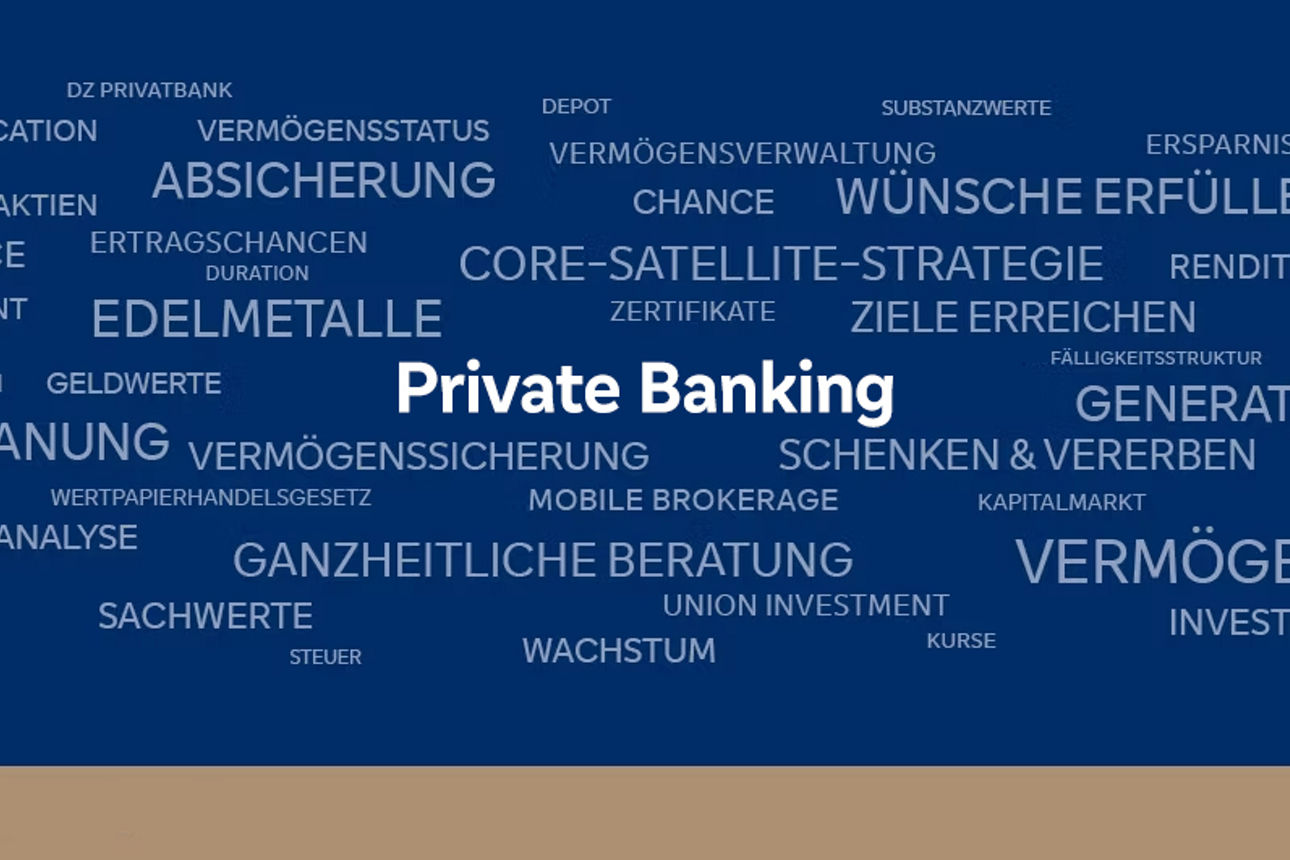 Begriffe rund um „PrivateBanking“ wie Vermögen, Ruhestandsplanung, Beratung, Edelmetalle und Ziele erreichen auf blauem Hintergrund.