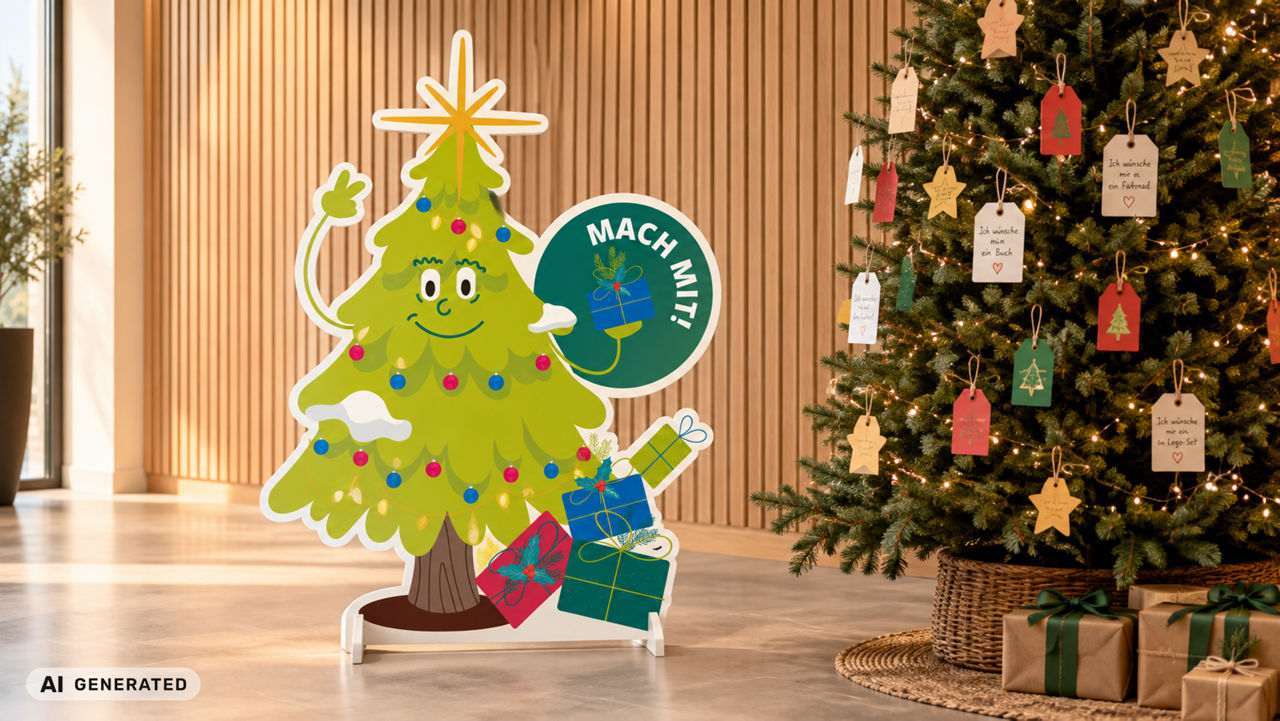 Ein Weihnachtsbaumaufsteller neben einem Weihnachtsbaum mit Wünschen. 