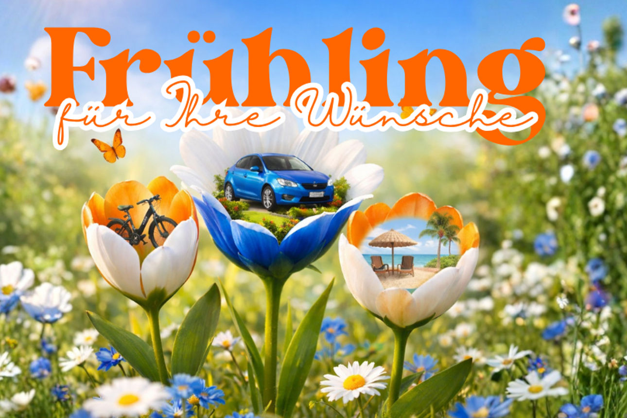 Blumenwiese. In den Blumen sind ein Fahrrad, ein Auto und ein Strand zu sehen (KI generiert)