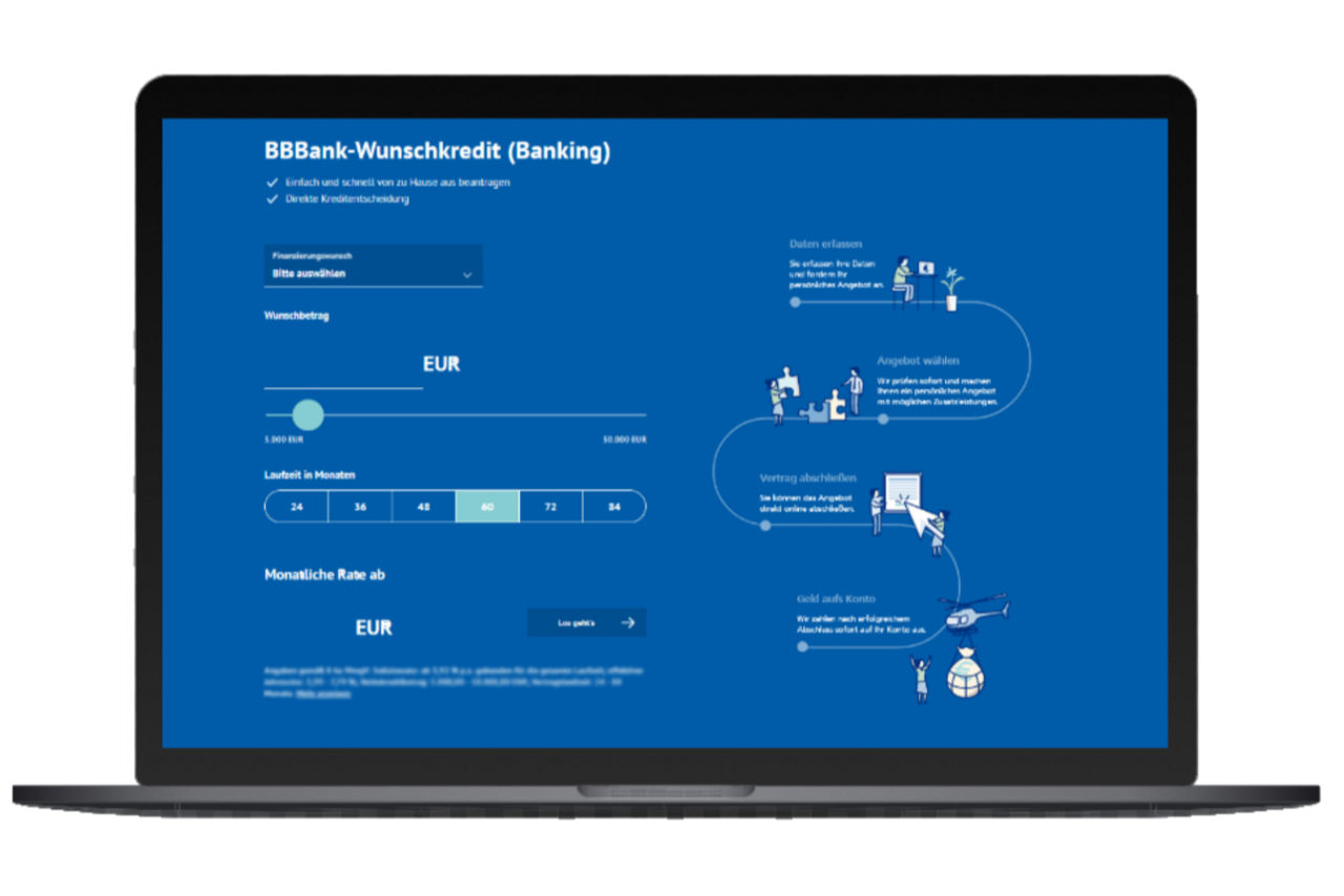 Laptop auf dem die Einstiegsseite zum Online-Strecke Wunschkredit abgebildet ist