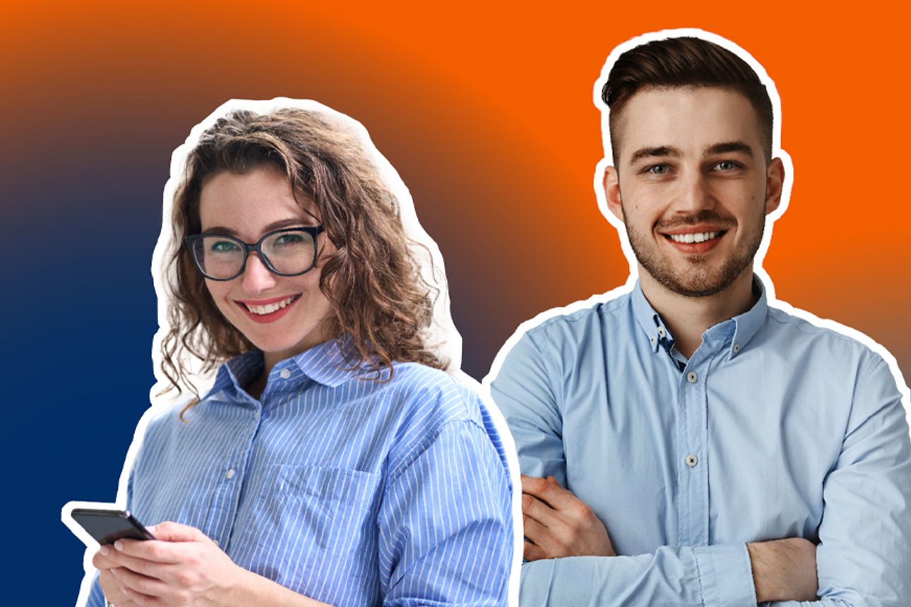 Eine junge Frau und ein junger Mann schauen freundlich in die Kamera. Die Frau hat ein Handy in der Hand