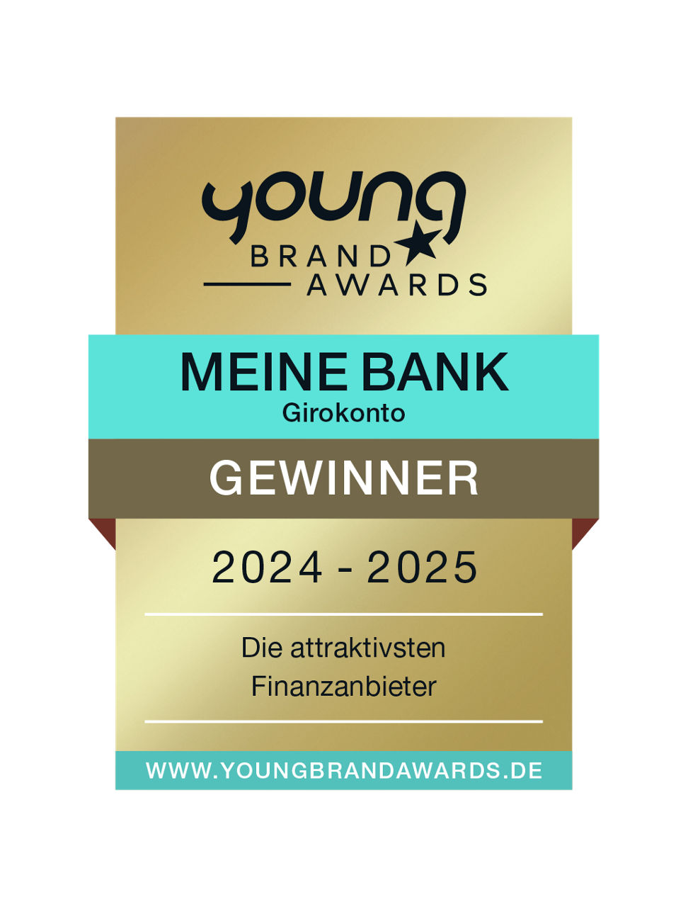 Testsiegel von YoungBrandAwards, welches Meine Bank als attraktiven Finanzanbieter im Test 2024-2025 mit "Girokonto-Gewinner" auszeichnet