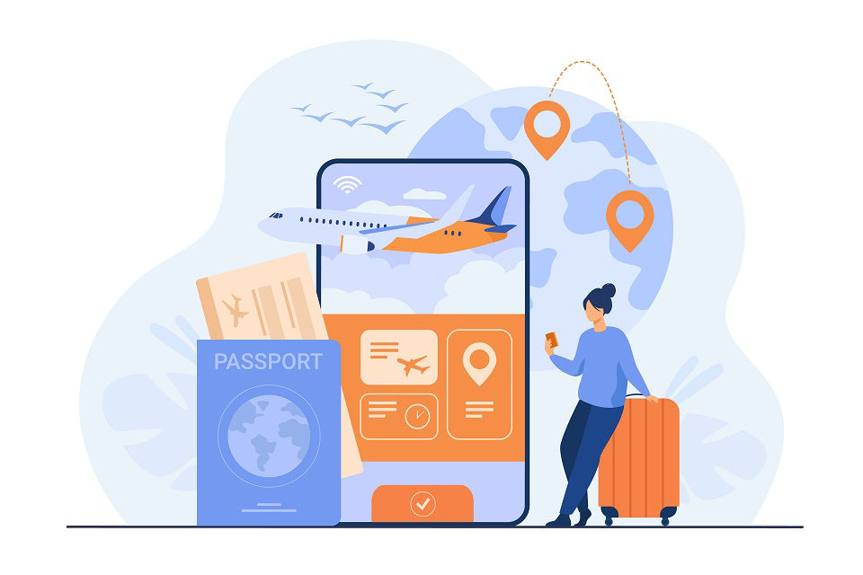 Illustration: Reisende mit Mobiltelefon und Reisepass