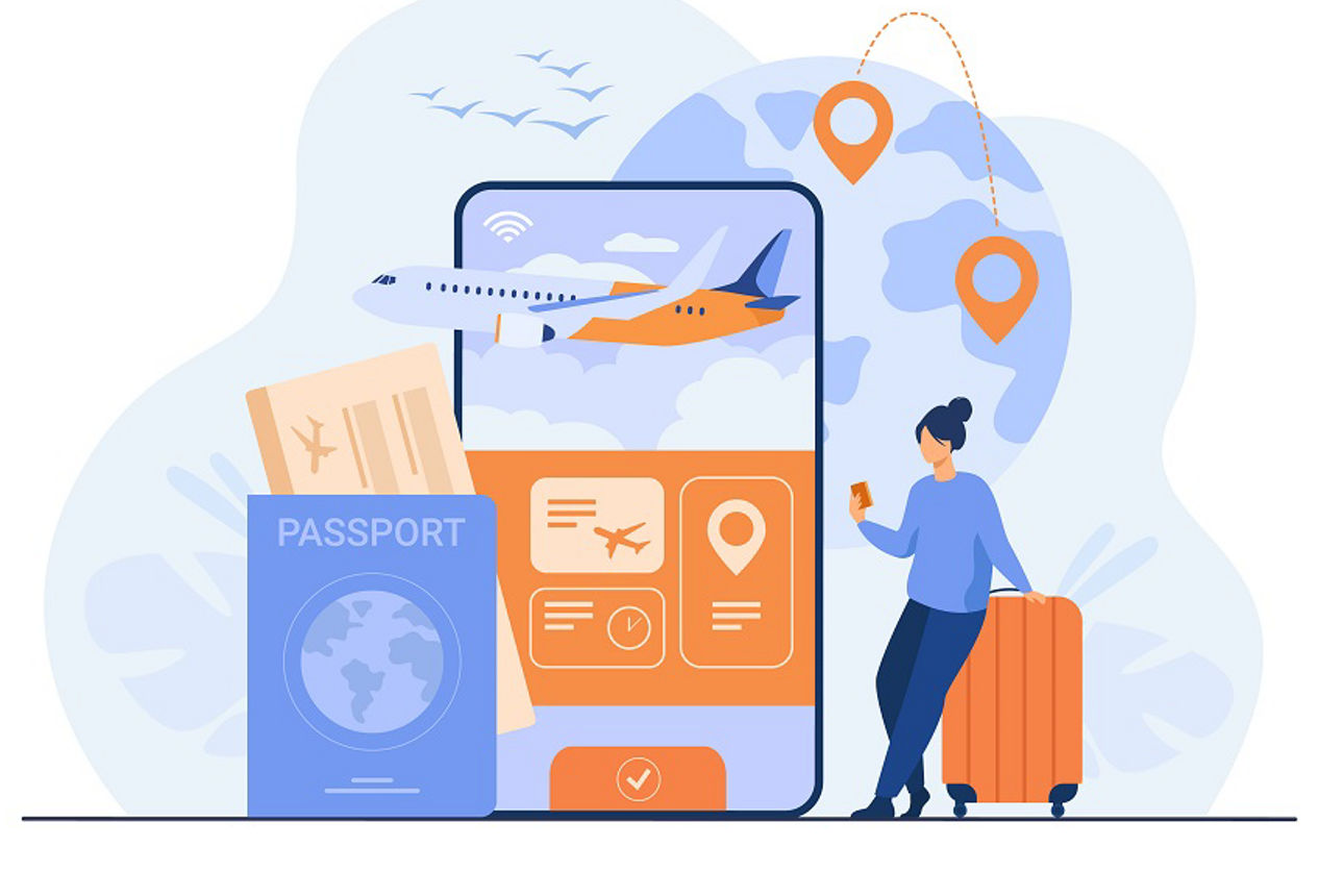 Illustration: Reisende mit Mobiltelefon und Reisepass