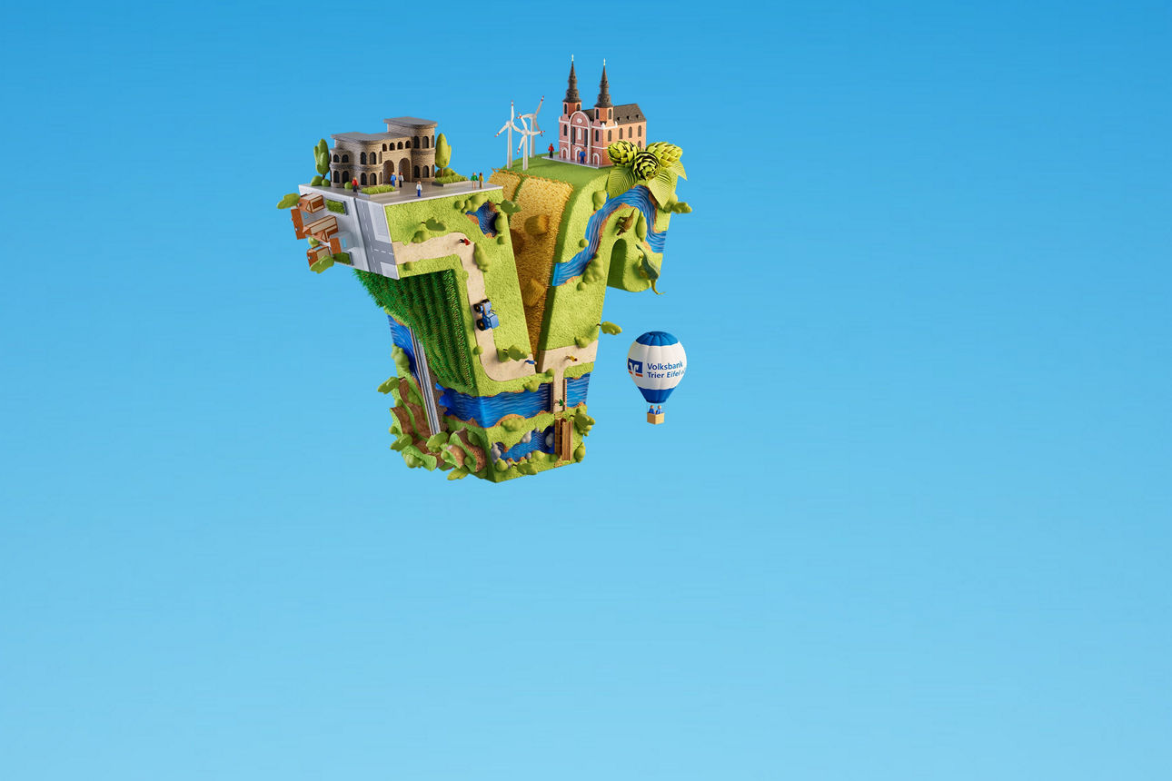 Volksbanklogo in 3D mit verschiedenen Gebieten (Landschaft, Stadt, Flüsse) stilisiert dargestellt