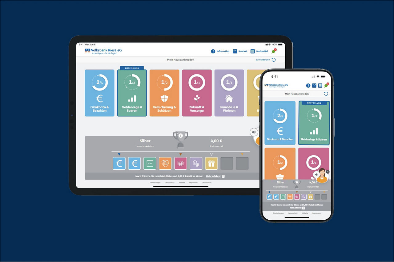 Skizzierende Grafiken des Hausbankmodells auf einem Tablet und Handy 