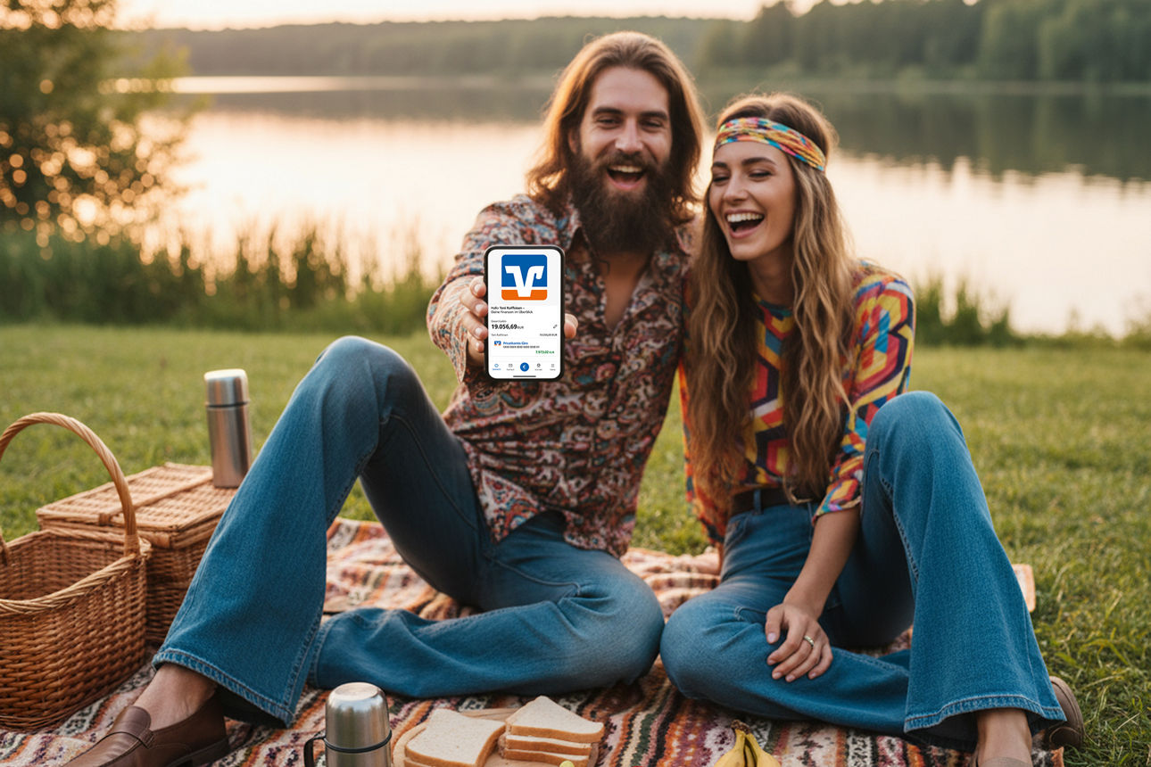 Mann und Frau, angezogen im Style der 70er