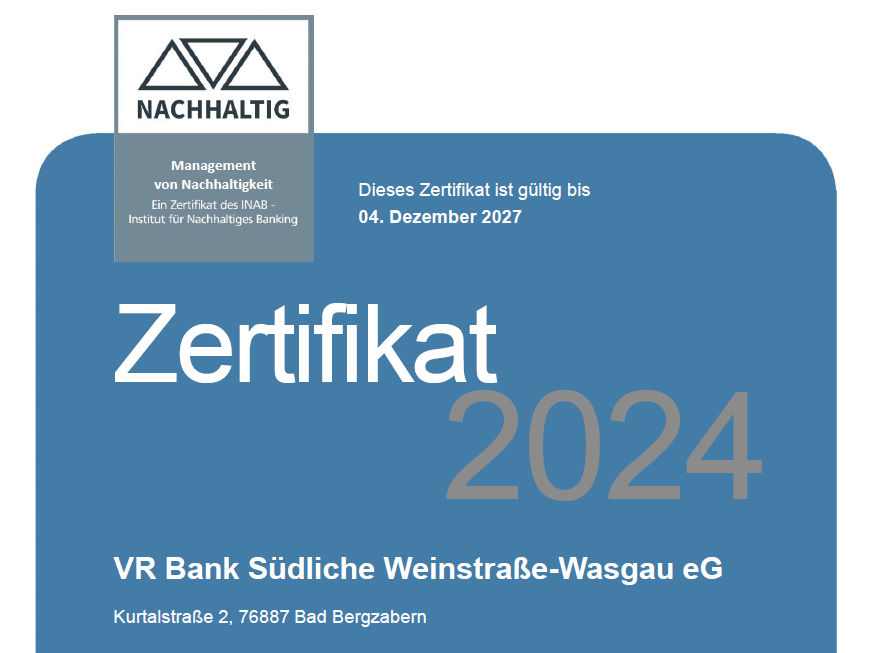 Zertifikat der VR Bank Südliche Weinstraße-Wasgau eG für nachhaltiges Handeln.
