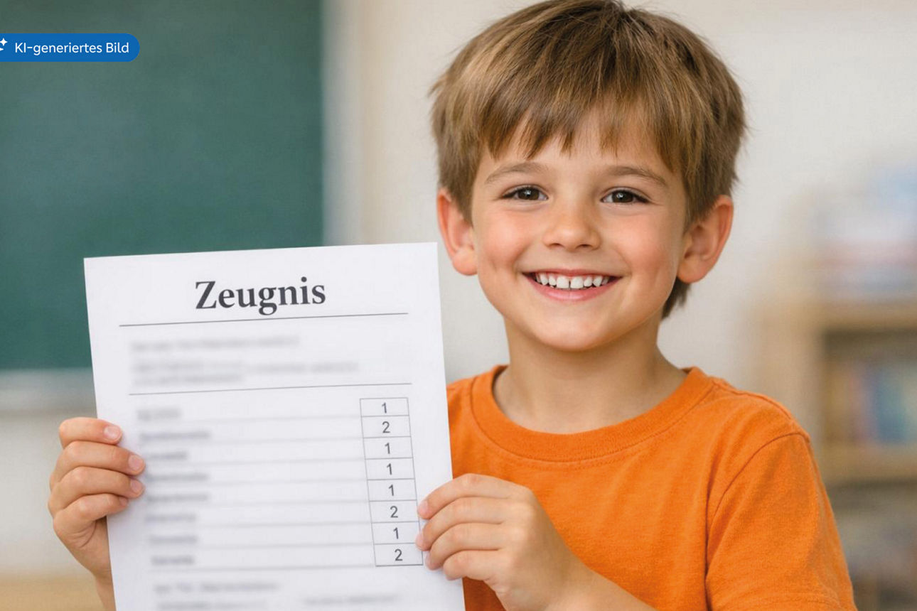 strahlender Junge zeigt stolz sein Zeugnis