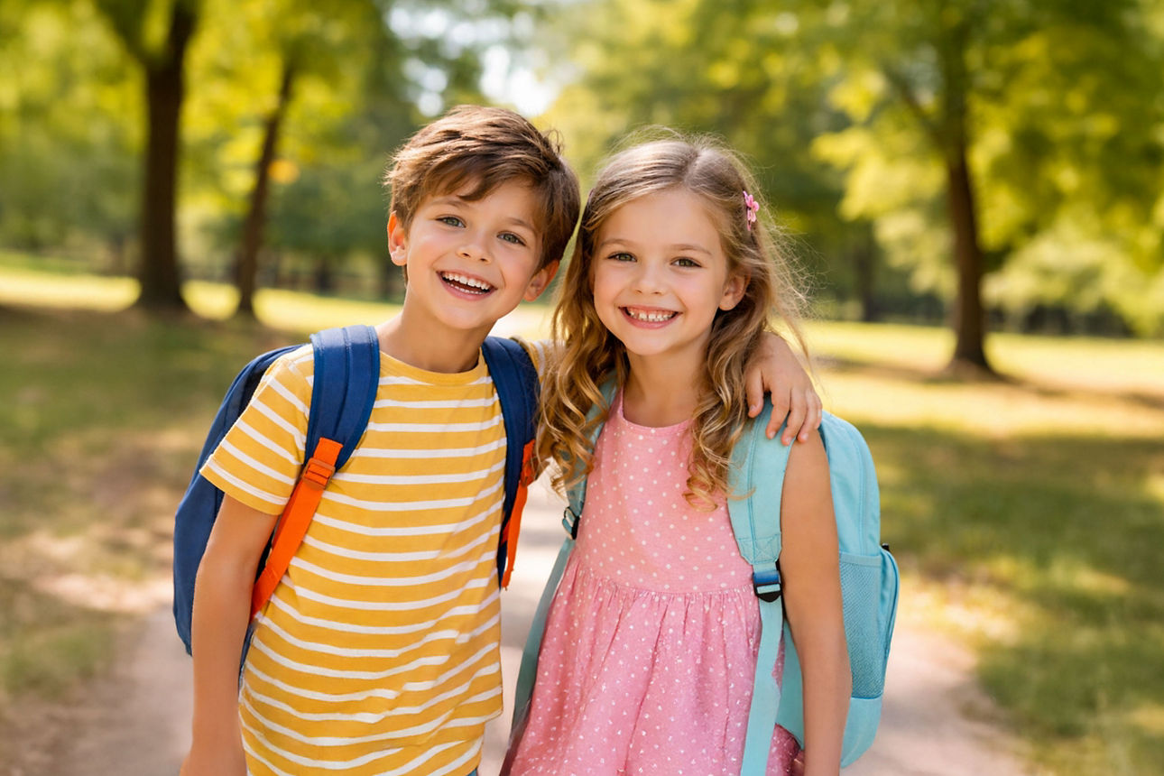 Zwei lachende Kinder mit Rucksäcken stehen Arm in Arm in einem sonnigen Park vor grünem Hintergrund.