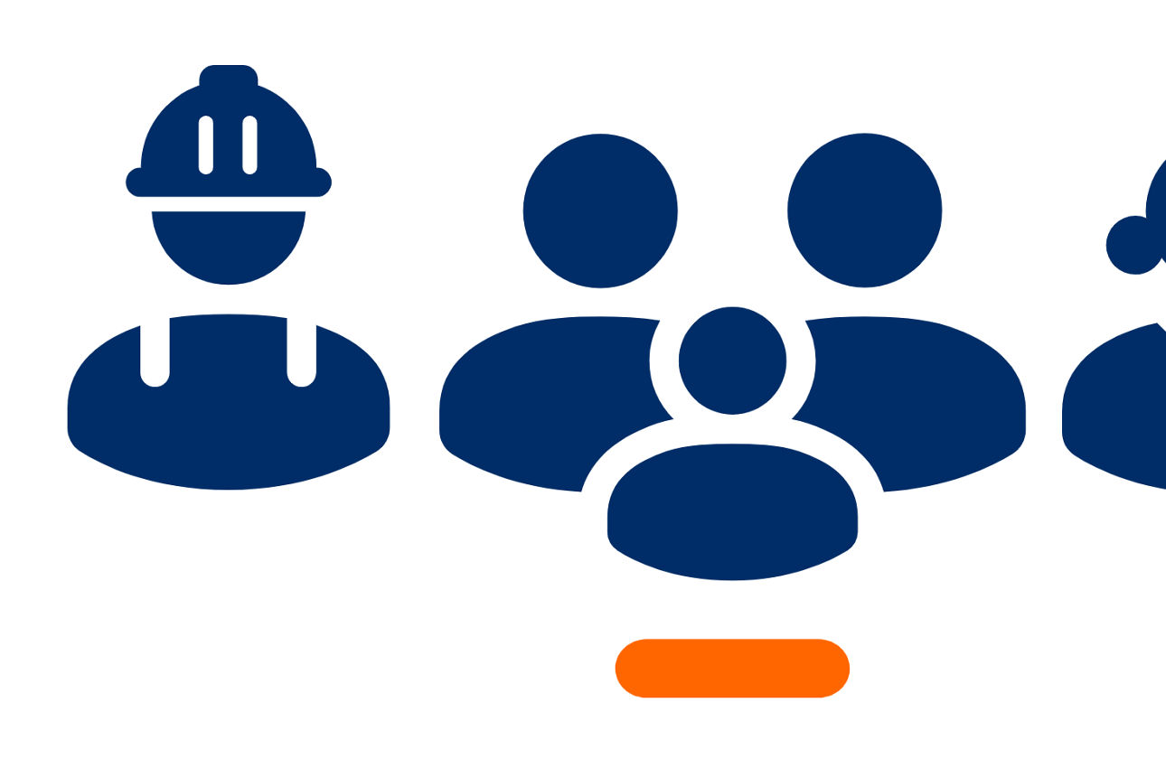 Symbole einer Person mit Baustellenhelm, einer Gruppe mit zwei Erwachsenen und einem Kind und einer Person mit zwei Zöpfen