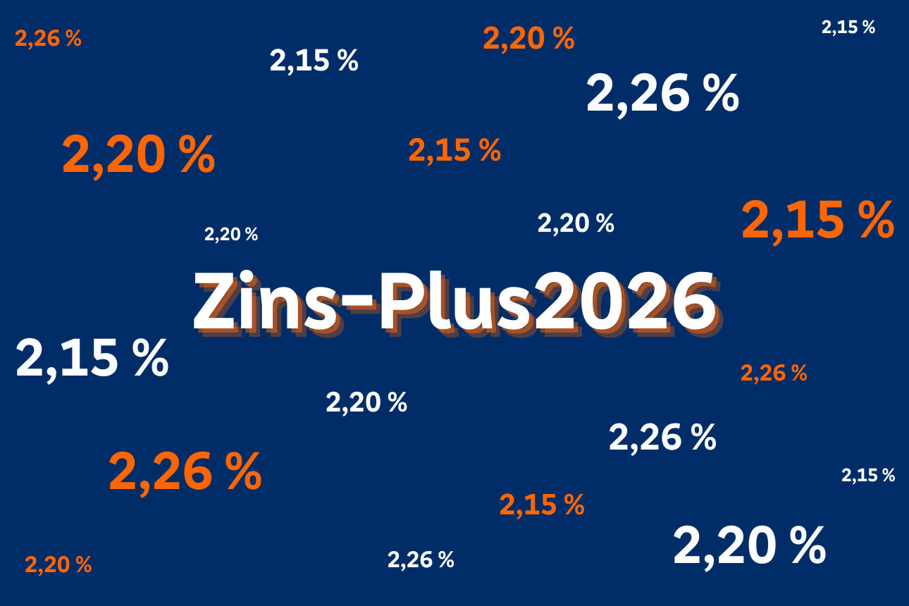 Eine grafische Darstellung zeigt den Schriftzug „Zins‑Plus 2026“ auf blauem Hintergrund, umgeben von verschiedenen Zinsen.