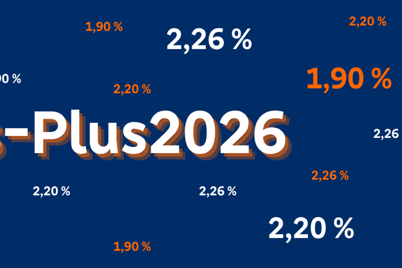 Eine grafische Darstellung zeigt den Schriftzug „Zins‑Plus 2026“ auf blauem Hintergrund, umgeben von verschiedenen Zinsen.