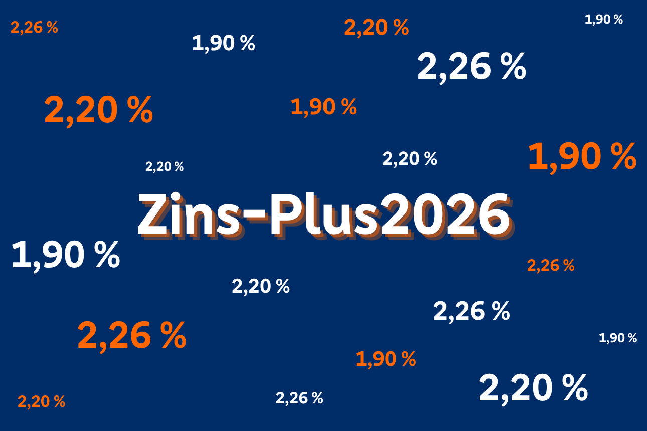 Eine grafische Darstellung zeigt den Schriftzug „Zins‑Plus 2026“ auf blauem Hintergrund, umgeben von verschiedenen Zinsen.