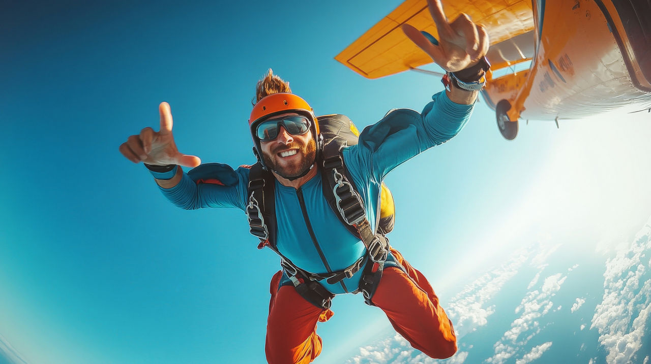 Ein Mann sprint aus einem Kleinflugzeig mit Fallschirm