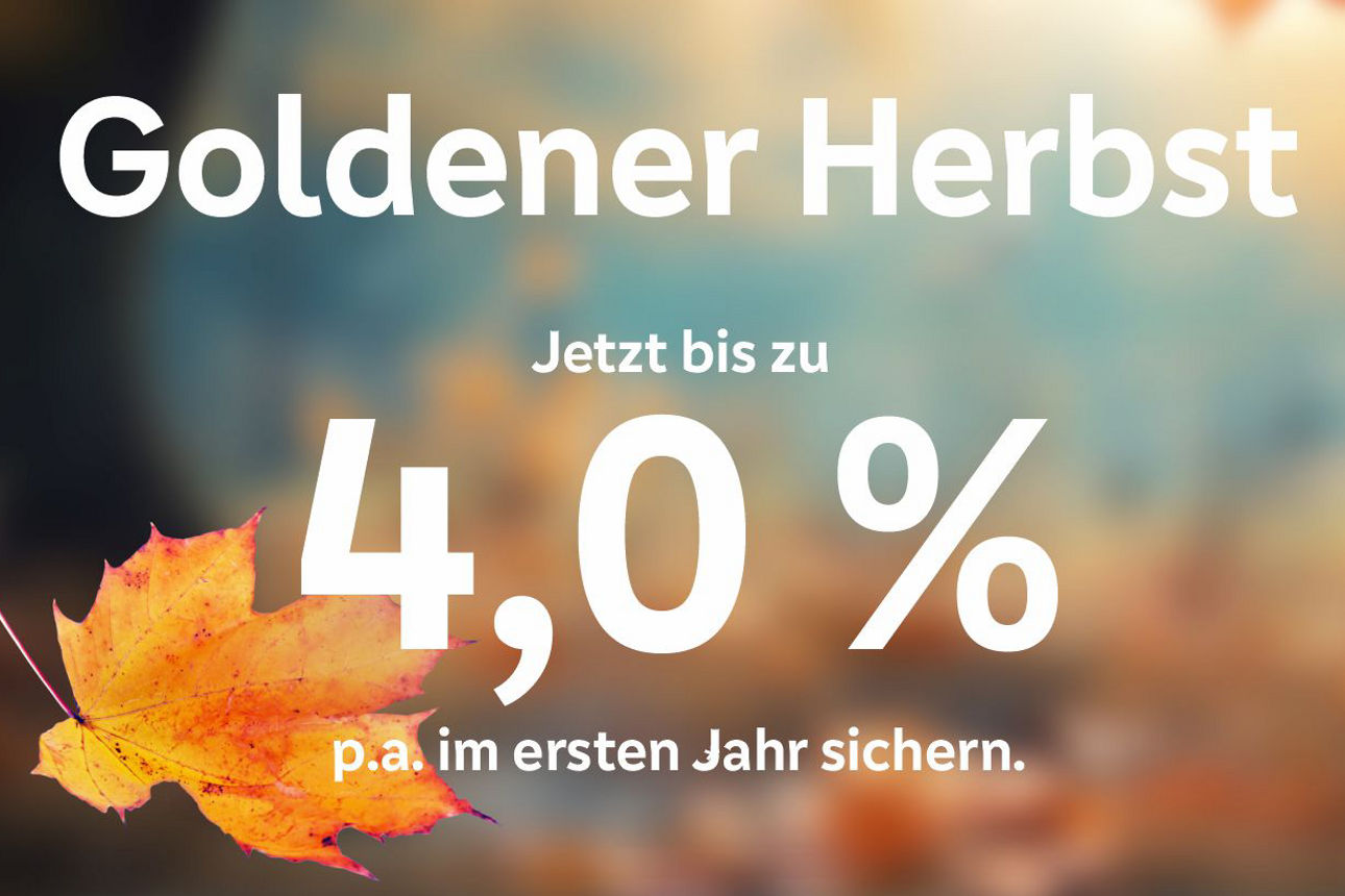 Bunte Herbstblätter mit Aufschrift Goldener Herbst jetzt Zinsen sichern