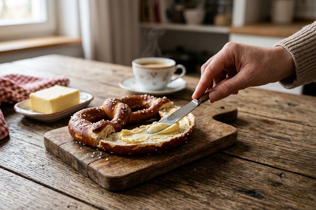 Eine Brezel wird mit Butter bestrichen.