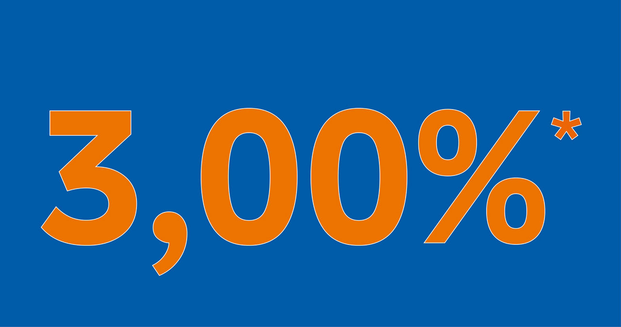 Grafik Zinssatz 3,00% in oranger Schrift auf blauem Grund; hinter "%" ein"*" zur Markierung