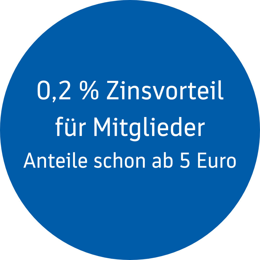Blauer, kreisförmiger Störer mit der Aufschrift ‚0,2 % Zinsvorteil für Mitglieder‘