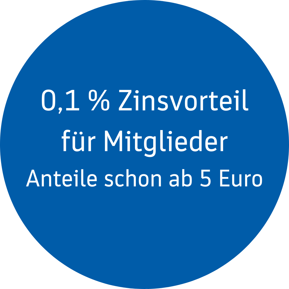 Blauer, kreisförmiger Störer mit der Aufschrift ‚0,1 % Zinsvorteil für Mitglieder‘