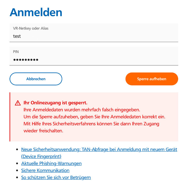 Bild Online Banking gesperrt