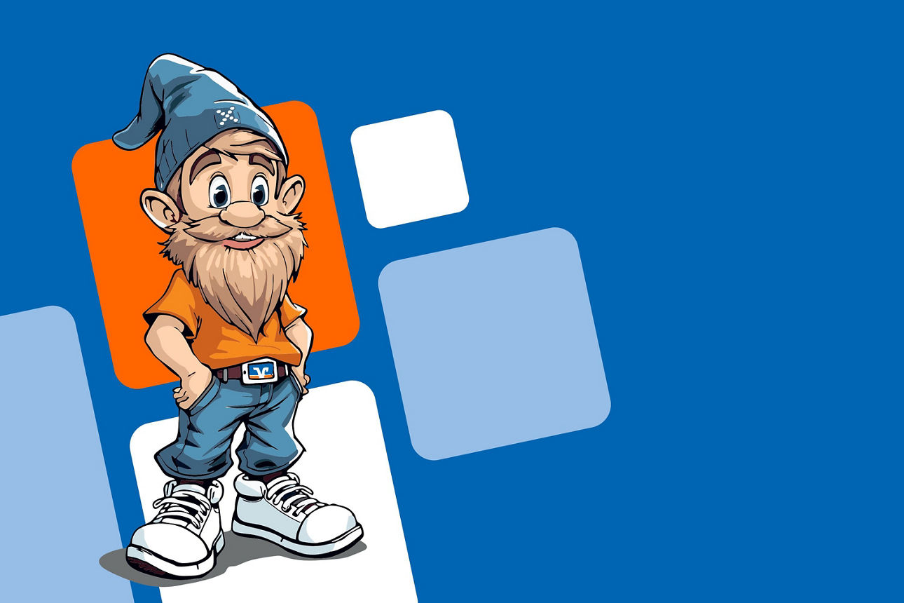 Zwerg, der vor bunten Quadraten sitzt