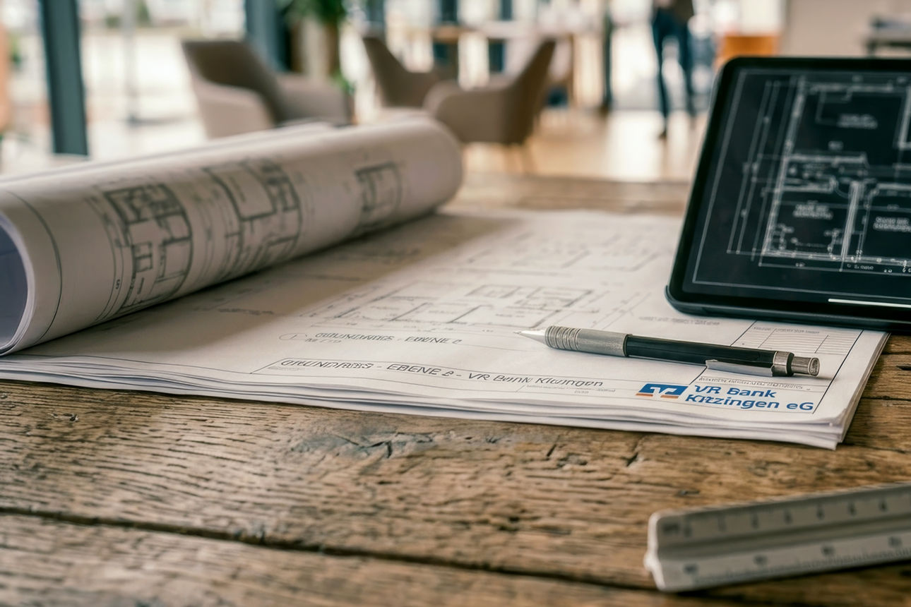 KI-generierte Illustration: Auf einem rustikalen Holztisch liegen ausgedruckte Baupläne mit dem Logo der VR Bank Kitzingen eG, ein Stift und ein Lineal. Daneben zeigt ein Tablet den digitalen Grundriss eines Gebäudes. Im hellen, unscharfen Hintergrund ist ein moderner Büroraum mit großen Fenstern und einer Silhouette einer Person zu sehen.