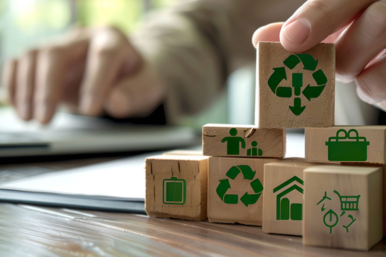Eine Hand stapelt kleine Holzblöcke mit grünen Nachhaltigkeitssymbolen auf einander.