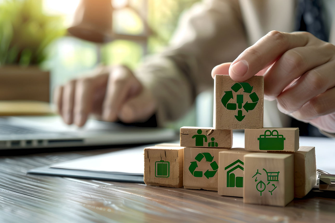 Eine Hand stapelt kleine Holzblöcke mit grünen Nachhaltigkeitssymbolen auf einander.