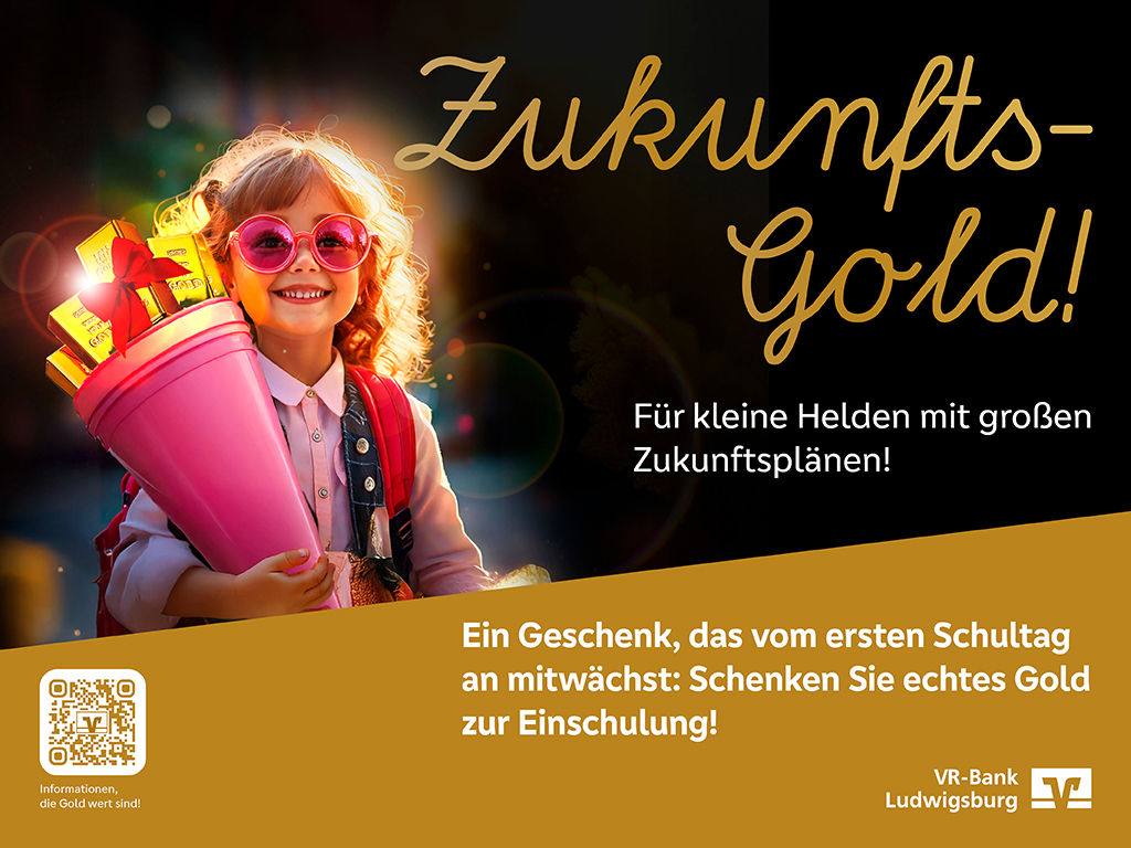 Kind mit Schultüte und dem Text Zukunftsgold
