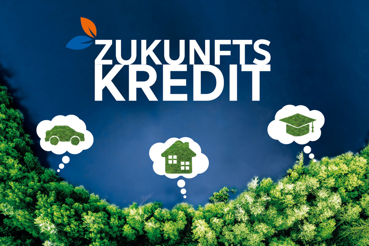 See im Wald und Gedankenblasen mit Auto, Haus und Doktorhut