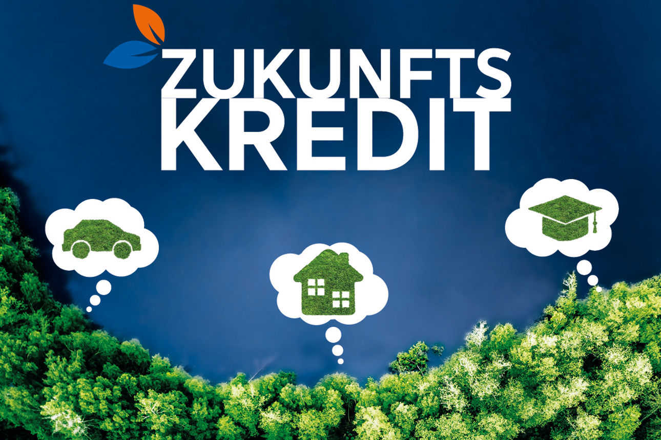 See im Wald und Gedankenblasen mit Auto, Haus und Doktorhut