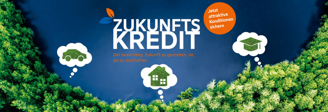 See im Wald und Gedankenblasen mit Auto, Haus und Doktorhut