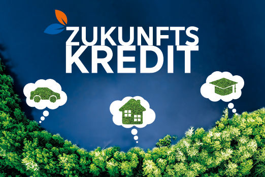 See im Wald und Gedankenblasen mit Auto, Haus und Doktorhut