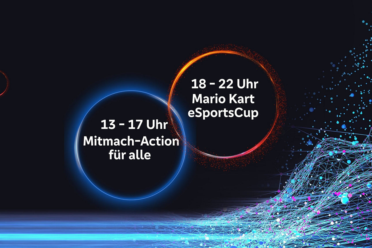 Dunkle Grafik mit zwei leuchtenden Kreisen und digitalen Netzelementen. Im linken Kreis steht „13–17 Uhr Mitmach-Aktion für alle“, im rechten Kreis „18–22 Uhr Mario Kart eSportsCup“.