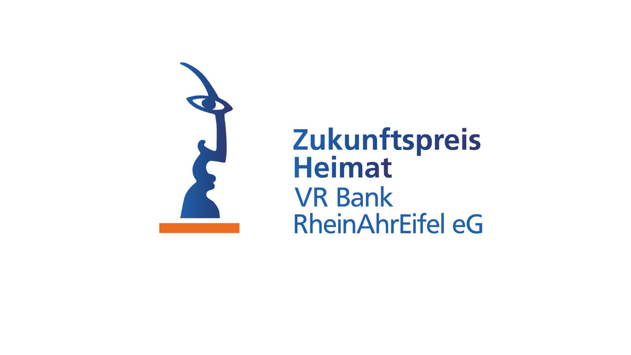 Das Bild zeigt die Trophäe Zukunftspreis Heimat die in ein Logo eingearbeitet wurde