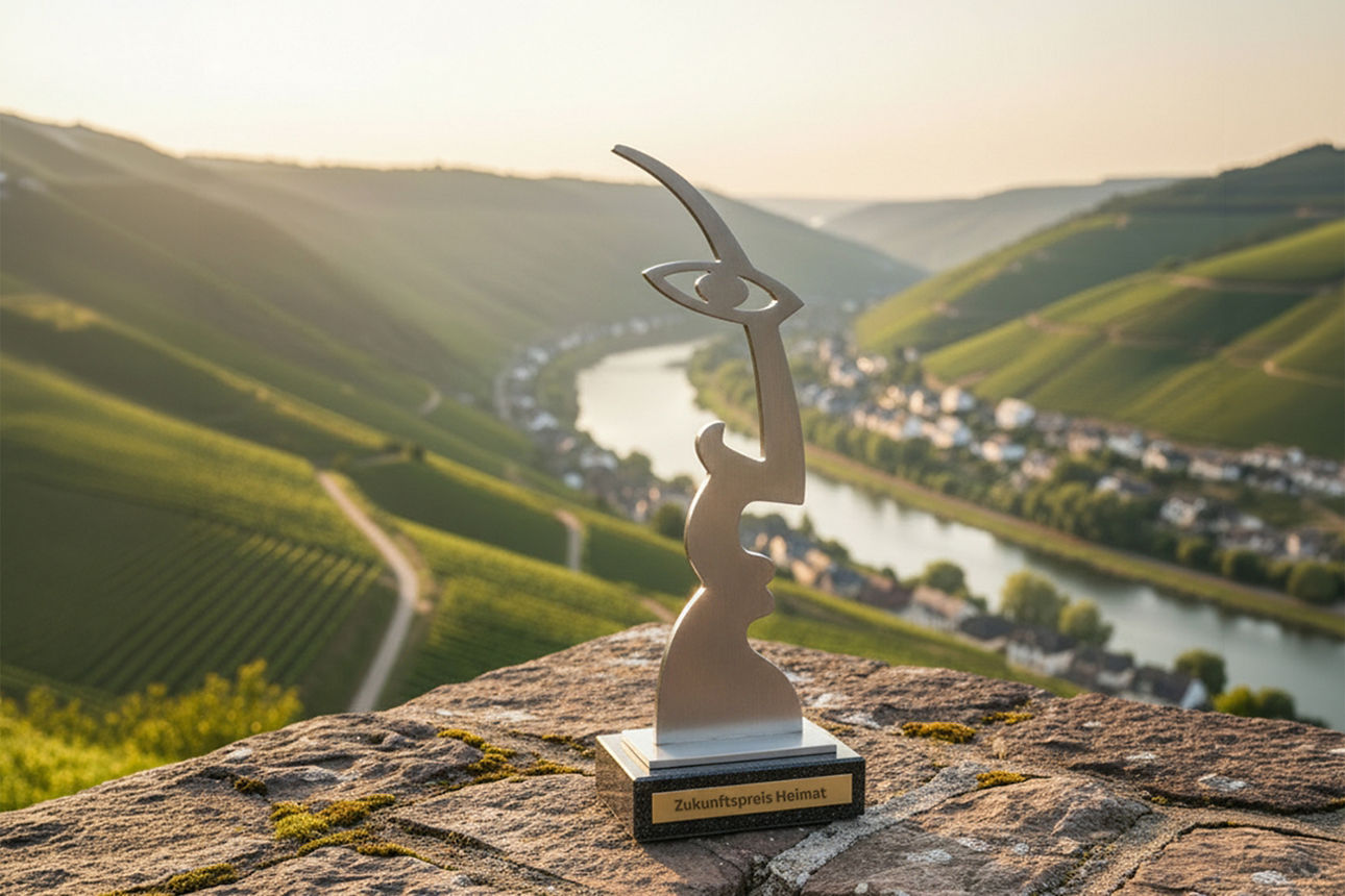 Die Trophäe für den Zukunftspreis Heimat steht auf einer Mauer. Im Hintergrund ist ein Fluss zu sehen.