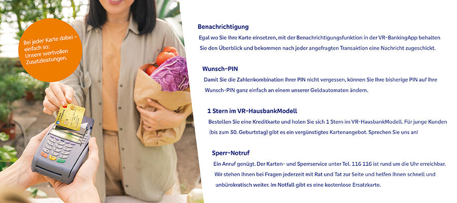Frau bezahlt kontaktlos mit VR-Bank-Karte – daneben Infos zu Benachrichtigung, Wunsch-PIN, VR-HausbankModell und Sperr-Notruf