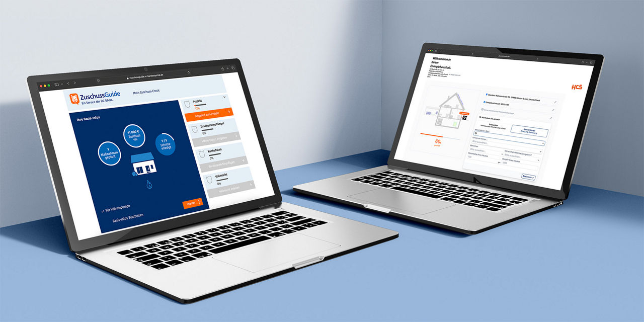 Zwei Laptops, auf denen der Zuschussguide und der PV-Rechner laufen