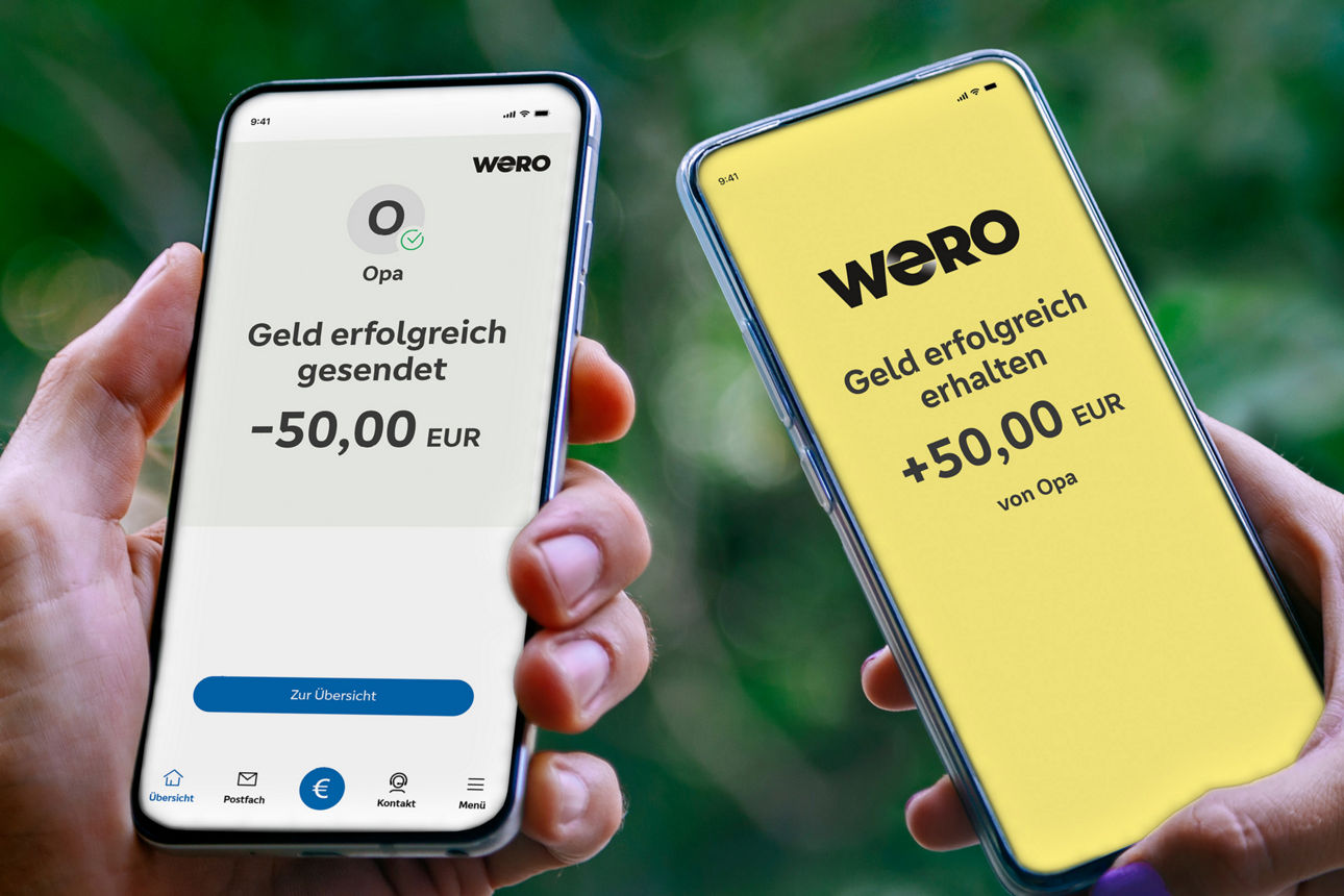 Zwei Smartphones zeigen die Funktionsweise von Wero