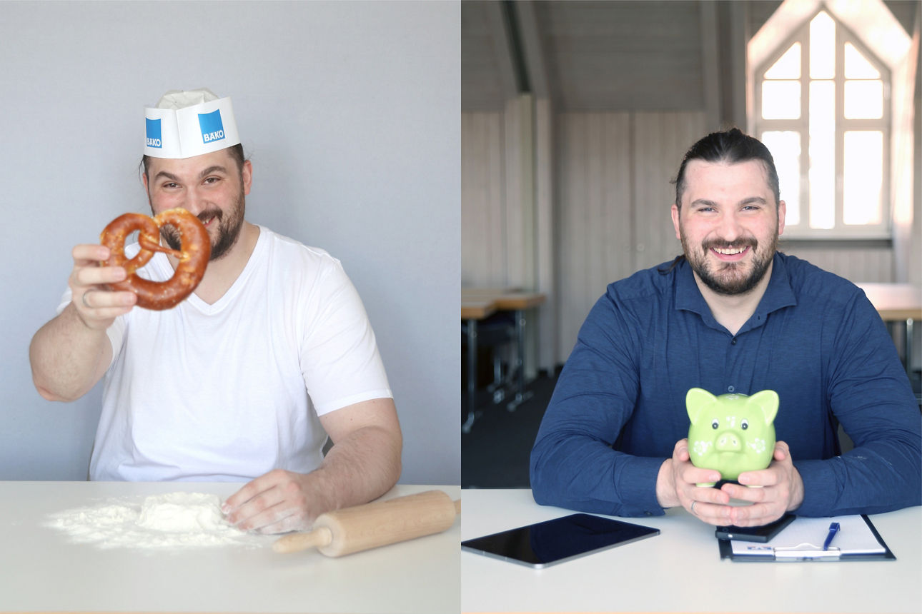 zweigeteiltes Foto mit demselben Mann einmal als Bäcker und einmal als Banker am Tisch sitzend