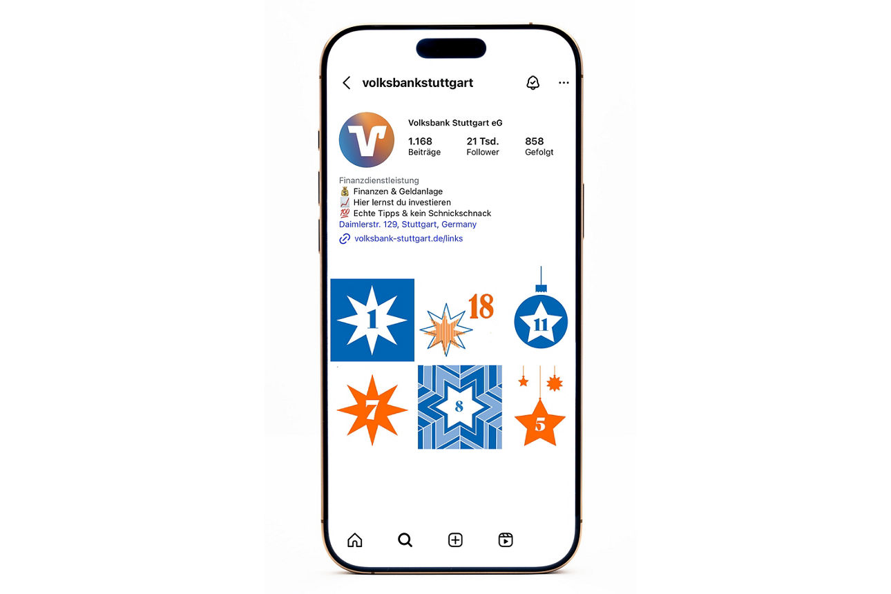 Grafik zeigt ein Smartphone mit dem Instagramprofil der Volksbank Stuttgart.